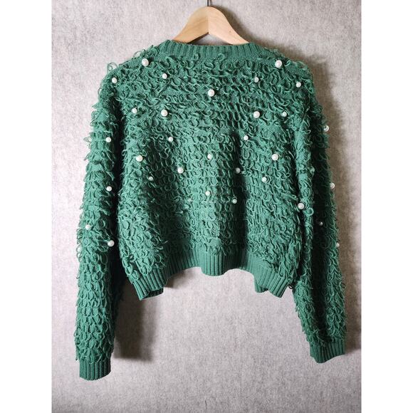 MIGHTY FINE Green Loop Details Faux Pearl Unique Open Front Crop Cardigan SZ L - Picture 2 of 8